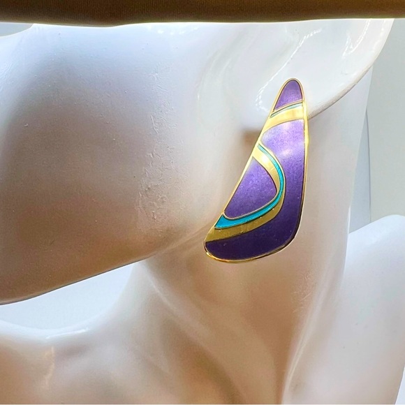 Vintage Samuel Huang Cloisonné Enamel Purple & Gold Earrings - Picture 2 of 7